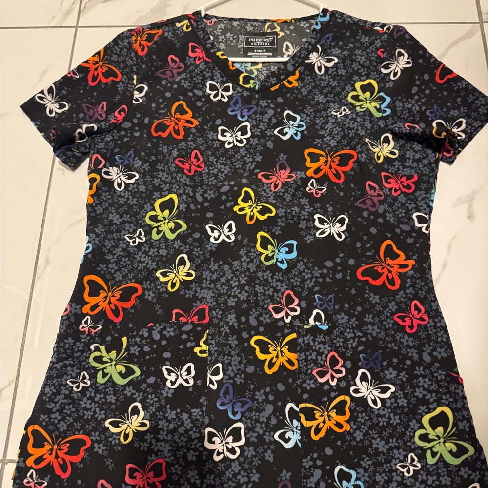 Cherokee Women's Scrub Top with Colorful Butterfly Print